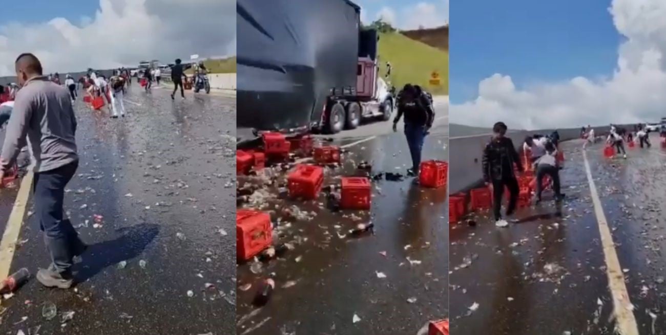 Colombia: automovilistas ayudaron a un camionero a recuperar botellas de gaseosa tras un accidente