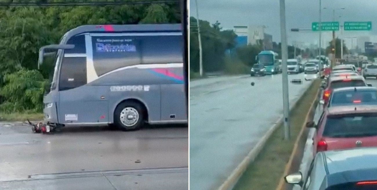 Cancún: un autobús turístico cruzó en rojo, embistió a dos motociclistas y los arrastró varios metros
