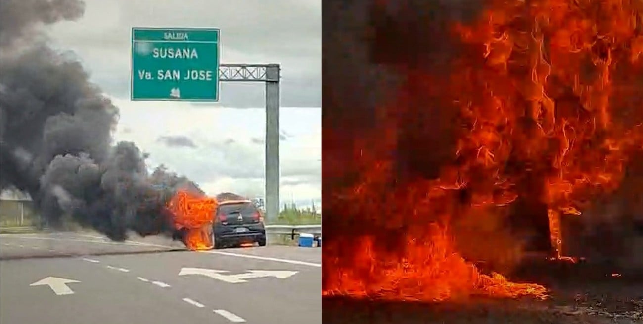 Impresionante incendio de un automóvil en el puente de la Ruta 34