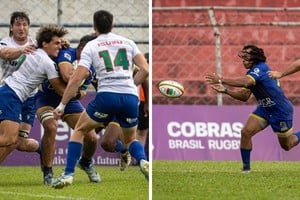 El santafesino Juan Cruz Strada, en acción este domingo. A la derecha, Rosko Specman, la estrella sudafricana en el rugby de Brasil.