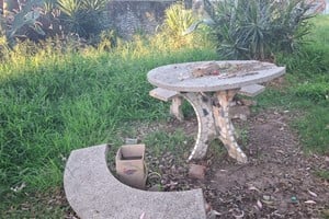 Mesas, bancos y cartelería del lugar muestran daños y señales de vandalismo.