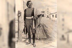 Óleo de Juan Arancio que representa a Estanislao López en la vereda de su casa (1986). El cuadro es propiedad de la Municipalidad de Santa Fe y requiere en la actualidad una urgente restauración.