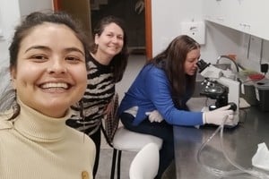 Ivana Lovatto, Gisela Schaumburg y Mónica Berlanda (de izquierda a derecha), investigadoras a cargo del proyecto sobre micropláticos en carne bovina.