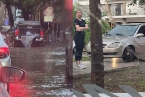 Bulevar Gálvez y Belgrano presenta una importante cantidad de agua acumulada; tanto es así, que una santafesina subió con su auto al cantero central para evitar inundar el vehículo. Foto: El Litoral