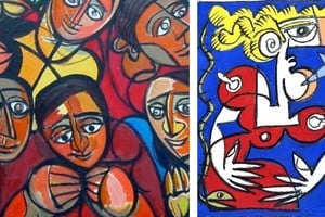 La destacada “Compartiendo el pan”, (óleo sobre tela, 2018) y una de sus clásicas figuras femeninas. Fotos: Gentileza del artista