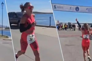 La atleta recorre los últimos metros de la Maratón de Malvinas en el Día de la Mujer. Foto: Gentileza
