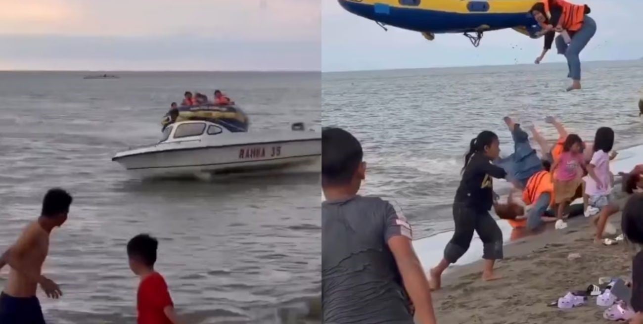Pánico en una playa de Indonesia: un inflable salió despedido y sus ocupantes volaron por el aire 
