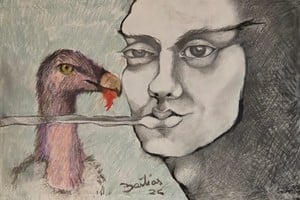 "El pajarero de Curicó", obra de José Bastías. Técnica: dibujo, grafito, óleo pastel-acrílico. Año 2026.