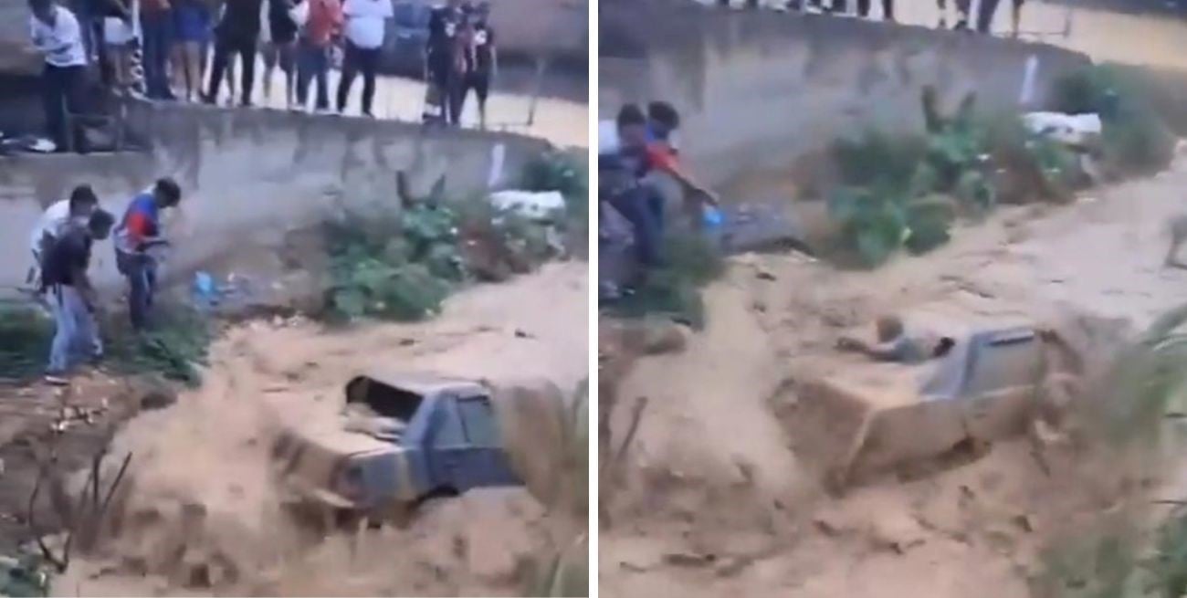 Venezuela: un hombre quedó atrapado en su camioneta por una crecida y lograron salvarlo a tiempo