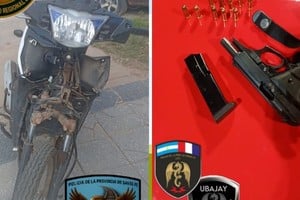La moto recuperada en Laguna Paiva y el arma secuestrada en Colastiné Norte. Foto: Gentileza