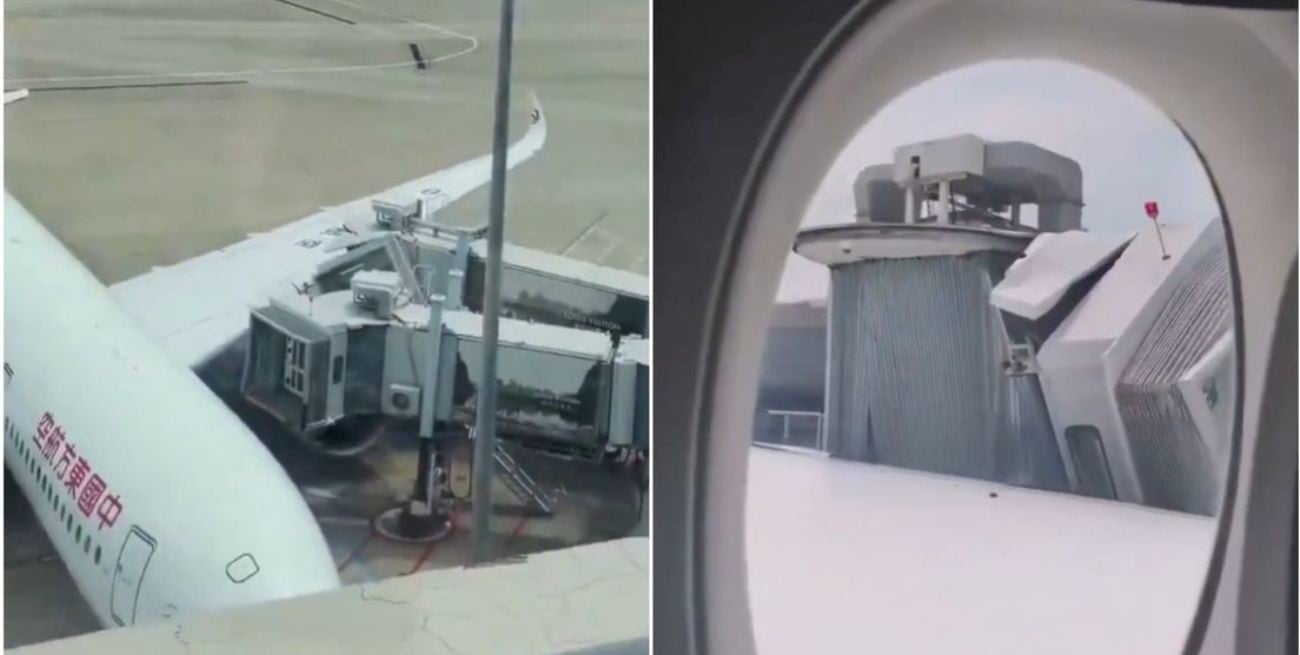 Susto en Shanghai: un avión golpeó varias veces el puente de embarque