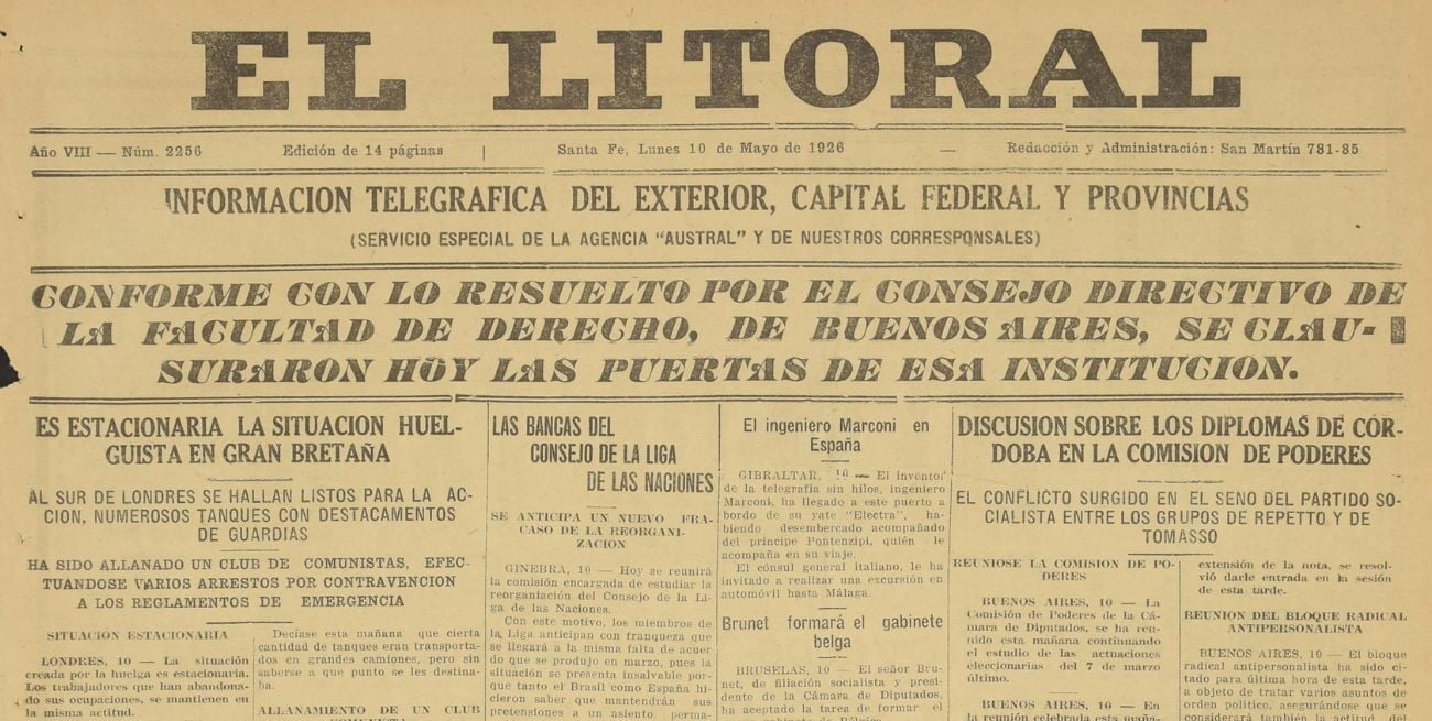 10 de mayo de 1926: así era el mundo hace cien años, visto a través de El Litoral