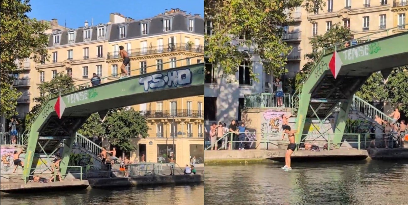 Calor extremos en París: jóvenes desafían la prohibición de nadar en el Canal Saint-Martin