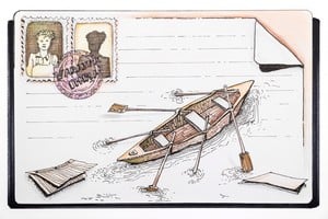 "Varanasi siempre estuvo muy cerca", obra de Ricardo Calanchini. Técnica: tinta, lápiz color.
