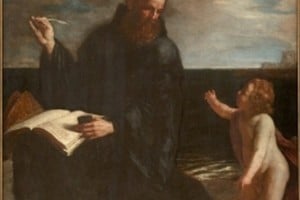 "San Agustín meditando sobre la trinidad", obra del italiano Guercino (1591-1666). Óleo sobre lienzo del año 1636. Pieza perteneciente originalmente al abad Peretti de Nápoles, ubicada en el Palacio Real de Madrid desde 1814 según fuente Museo del Prado.