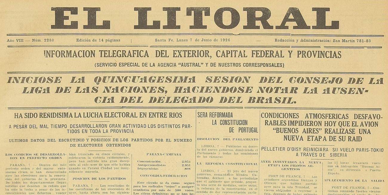 7 de junio de 1926: así era el mundo hace cien años, visto a través de El Litoral