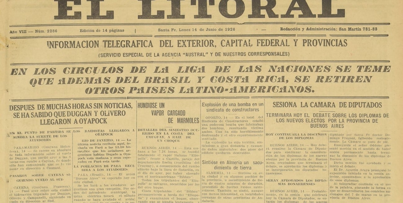 14 de junio de 1926: así era el mundo hace cien años, visto a través de El Litoral