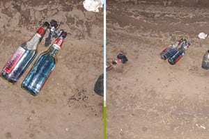 Las botellas encontradas tras el siniestro. Foto: Gentileza