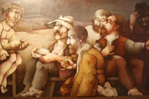 "Los borrachos", óleo y acrílico sobre madera. Foto: Colección Jorge Ludueña
