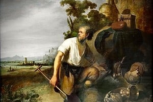 "Parábola del tesoro escondido" (cerca de 1630), óleo sobre panel de roble y tablero. Pintura perteneciente desde 1871 a la Colección Esterházy, Museo de Bellas Artes de Budapest, Hungría. Se atribuye comúnmente al círculo próximo o taller del eximio maestro barroco neerlandés Rembrandt van Rijn, discutiéndose la autoría exacta entre este último y dos de sus alumnos: Gerrit Dou y Govert Flinck.