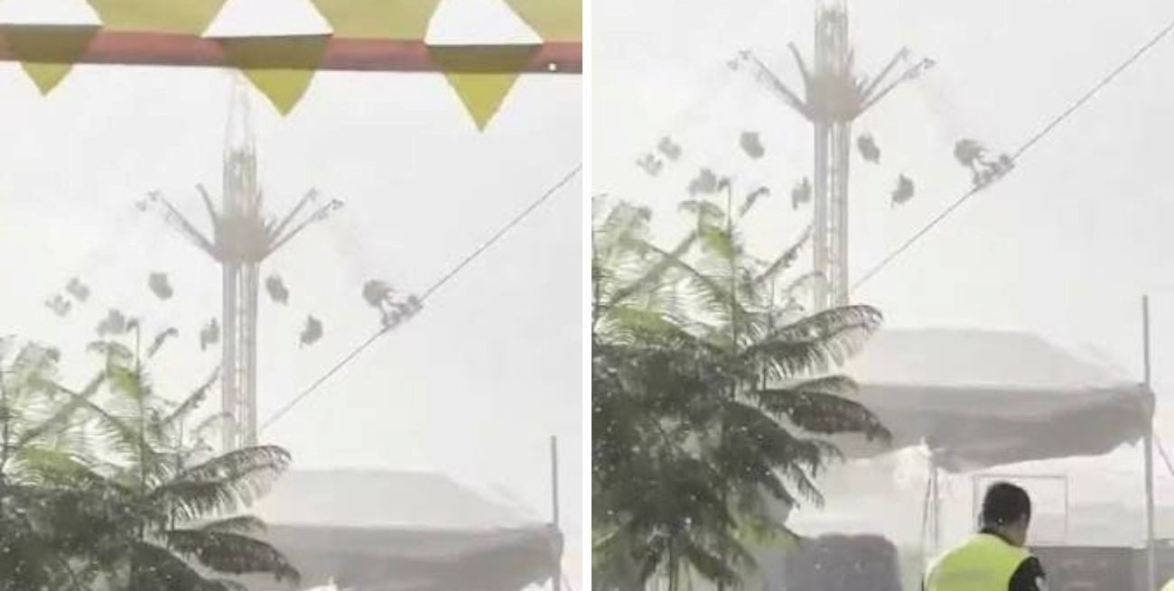 Una fuerte tormenta sorprendió a varios jóvenes en un juego mecánico y los dejó atrapados en las alturas