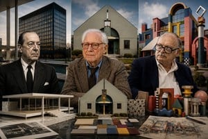 De izquierda a derecha: Ludwig Mies van der Rohe, Robert Venturi y Charles W. Moore.