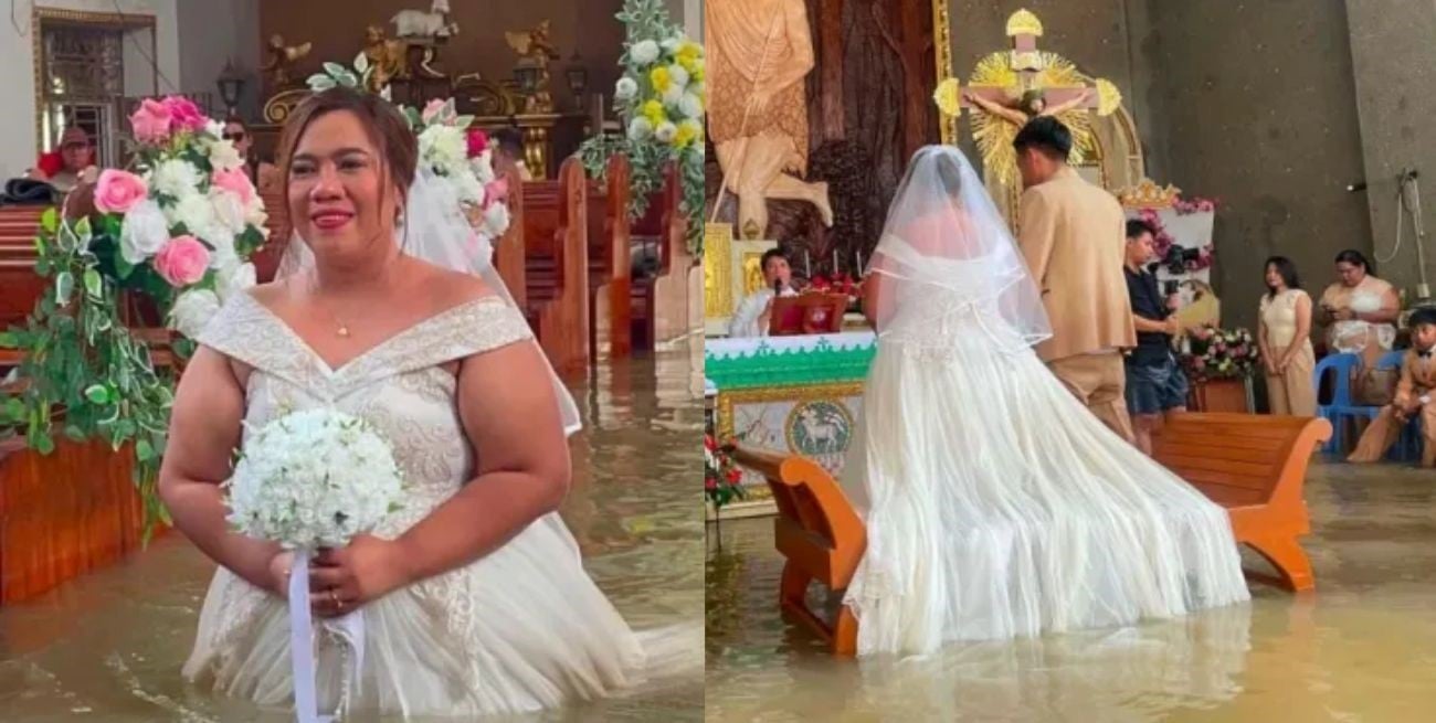 A pesar de las severas lluvias en Filipinas, se casaron en una iglesia completamente inundada